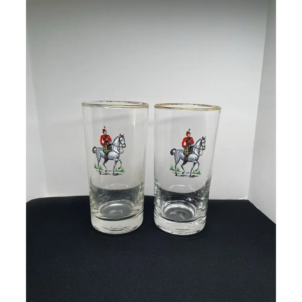 Vintage‎ 1953 Libbey Cavalry Scottish Highlander Pilsner Glasses Gold Trim Set 2